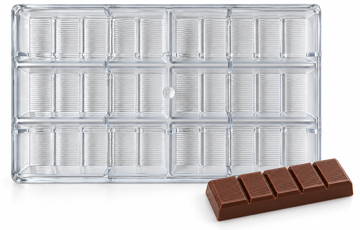 110g five-piece ribbed polycarbonate chocolate bar mold with six cavities in three rows of two and a matching chocolate bar with five ribbed panels in one row.