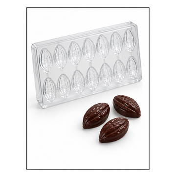 12g cacao pod polycarbonate chocolate mold with 14 cavities and finished cacao pod chocolates
