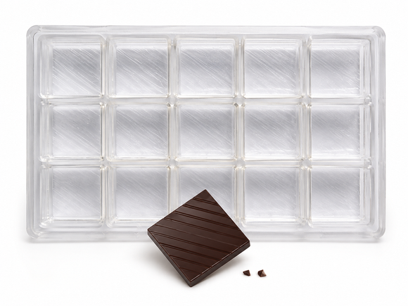 28g square polycarbonate chocolate mold with 15 cavities and finished ridged chocolate square