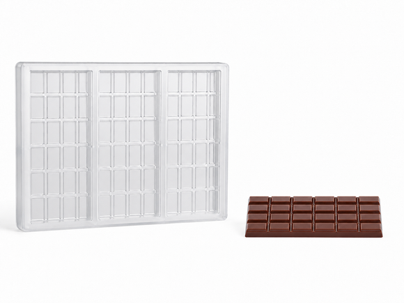29g 24-piece polycarbonate chocolate bar mold with 3 bar cavities and finished segmented chocolate bar