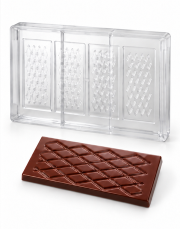 37g diamond lattice polycarbonate chocolate bar mold with 4 bar cavities and finished chocolate bar