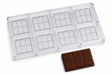 63g 6-piece polycarbonate chocolate bar mold with 8 bar cavities and finished 3 by 2 segmented chocolate bar