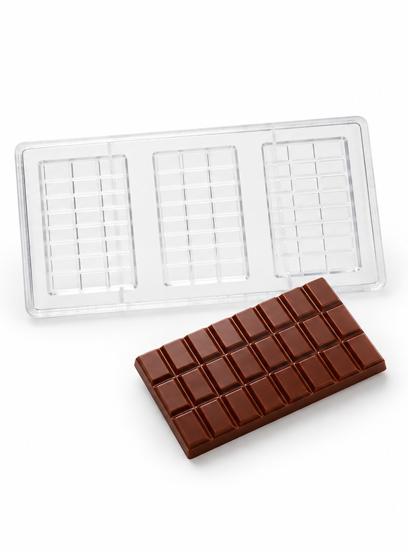 65g 21-piece polycarbonate chocolate bar mold with 3 bar cavities and finished segmented chocolate bar