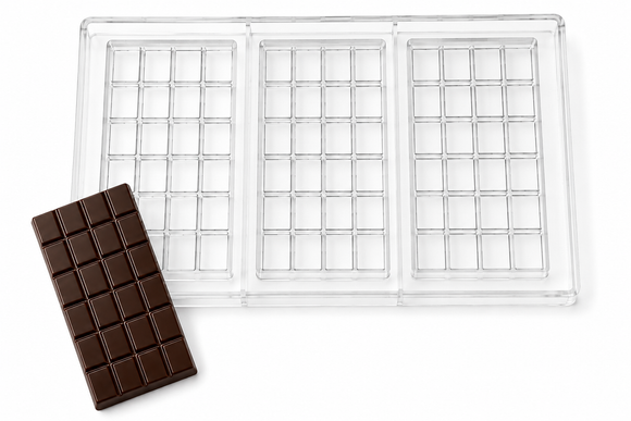 70g 24-piece polycarbonate chocolate bar mold with 3 vertical 6 x 4 bar cavities and finished chocolate bar
