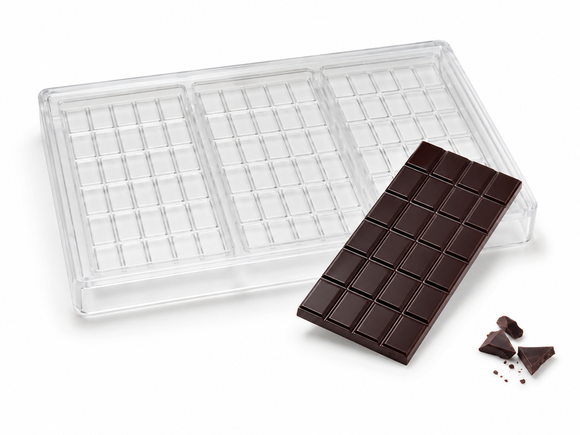 70g polycarbonate chocolate bar mold with 3 bar cavities and 20 break-apart pieces per bar