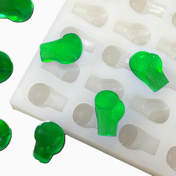 8mL boxing glove gummy mold with emerald green gummies, 98 cavities