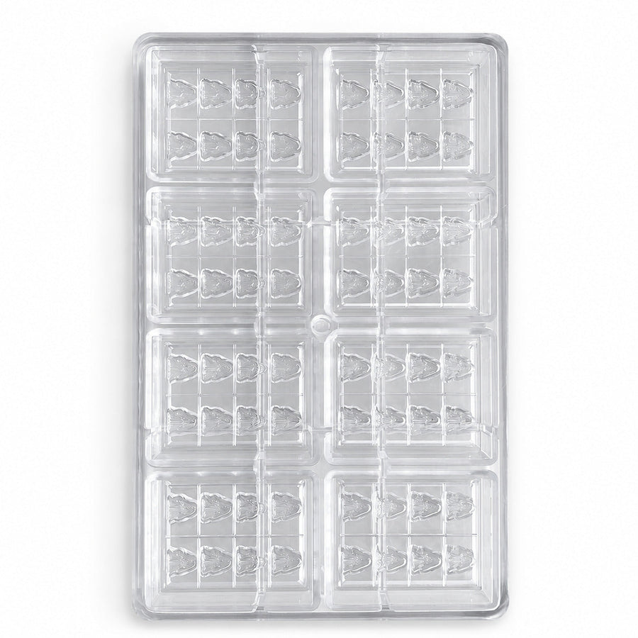 Clear custom polycarbonate chocolate mold with 64 tree-shaped cavities