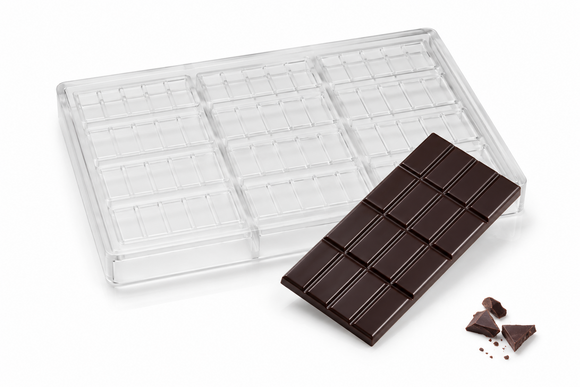 85g polycarbonate chocolate bar mold with 3 bar cavities, 12 pieces per bar, and finished chocolate bar